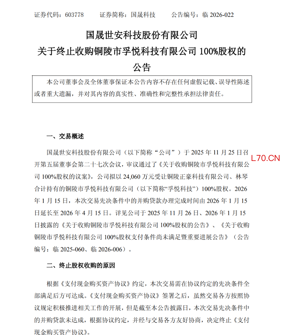 国晟科技发布公告终止收购 图片来源：公司公告
