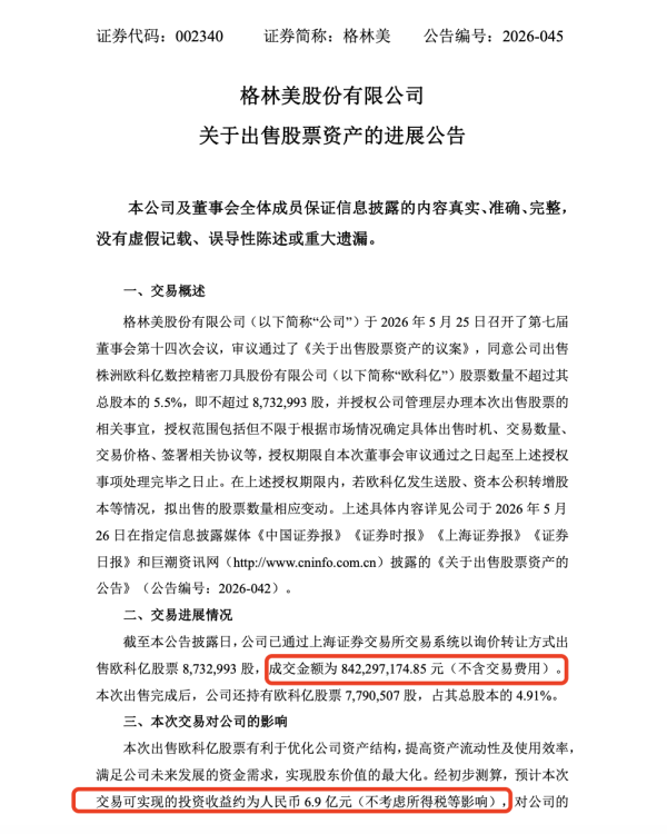 格林美减持六倍牛股，大赚近7亿元